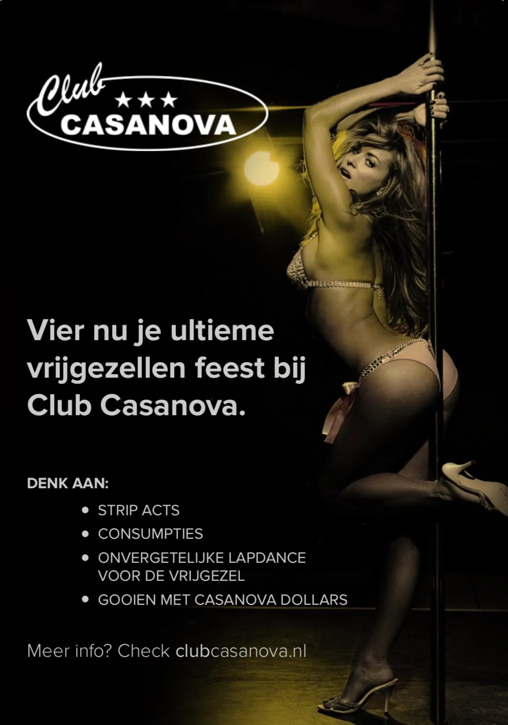 Folder voor vrijgezellenfeest Club Casnova